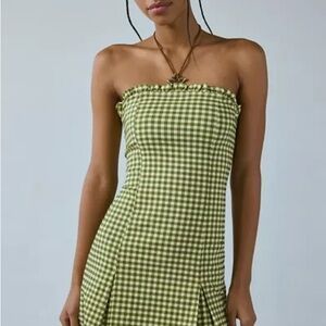 Urban Outfitters Green and White Ruffled Strapless Dress